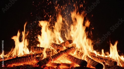 A bright campfire burns intensely with glowing embers and orange flames against a dark background