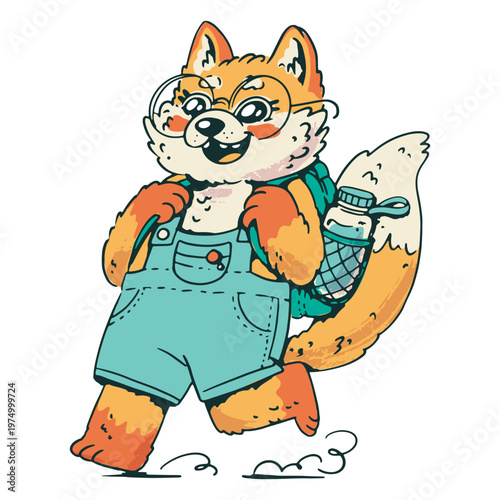 Cartoon fox wearing overalls and carrying a water bottle