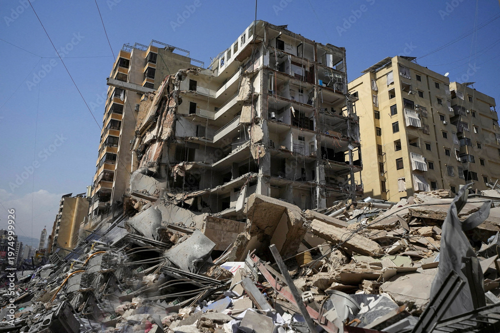 Naklejka premium Damaged Building After Reported Israeli Strikes in Beirut Southern Suburbs