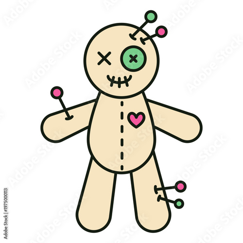 Stuffed voodoo doll with pins and a heart on it