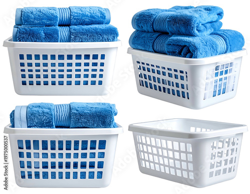 Four white baskets, two with folded blue towels