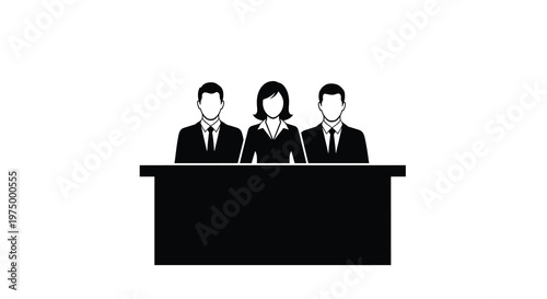 A simple black silhouette depicts four business professionals positioned behind a rectangular desk high quality professional