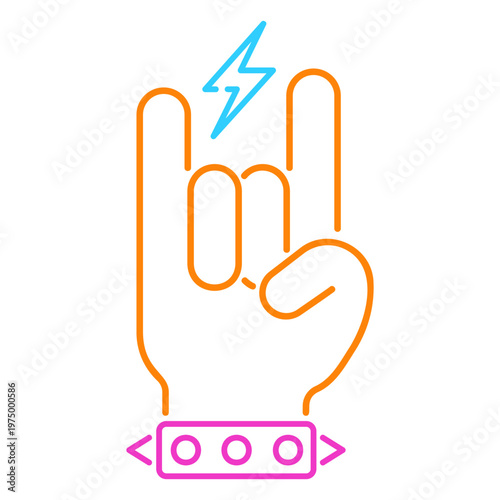 Neon rock hand sign with a lightning bolt
