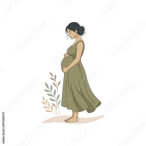 Pregnant woman in olive green dress with foliage embracing motherhood and pregnancy pregnant motherhood and pregnancy