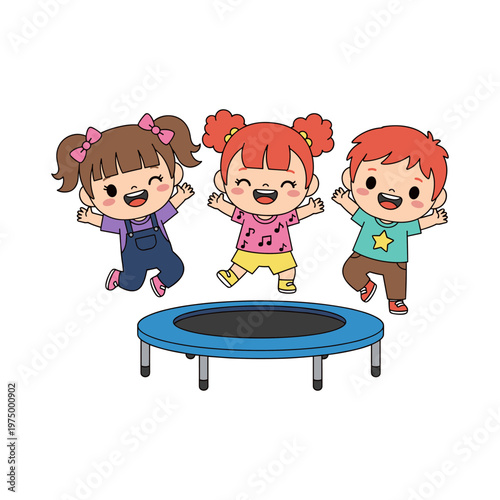 three happy children jumping on trampoline outdoor fun flat design vector illustration