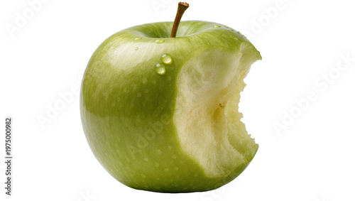 Fotografi Isolated fresh green apple with a bite and water drops on smooth skin, healthy s