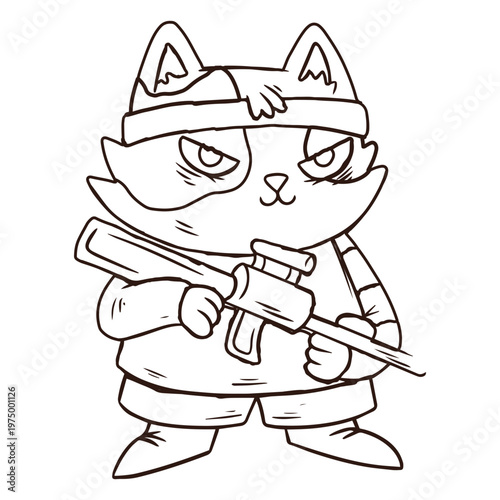 Black and white drawing of a cat holding a gun