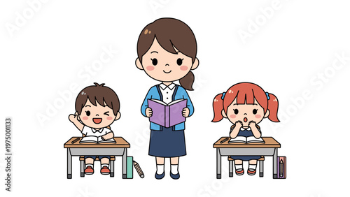 elementary school children studying in classroom flat design vector illustration