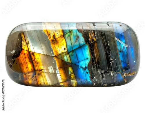 A smooth, polished gemstone displays vibrant blue, gold, and grey iridescent flashes