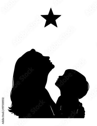 Silhouette of mother and child looking up at single bright star against white background symbolizes hope dream future family bond parental guidance and nighttime wonder.