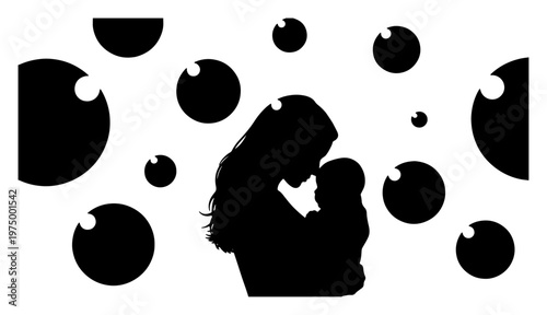 Silhouette of mother holding baby surrounded by floating circles or bubbles depicting maternal love and gentle care against clean white background for family themed art.