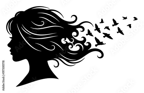 Creative portrait silhouette of female face with swirling hair elements turning into a flock of birds taking flight symbolizing liberation dreams and poetic visual concept.