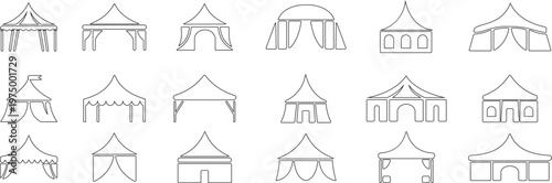 Event tent canopy pavilion icon set collection group in black red flat and line style vector illustration, camping shelter marquee gazebo awning symbol pack minimal outline design bundle