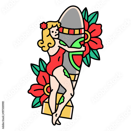 Girl embracing apocalyptic rocket