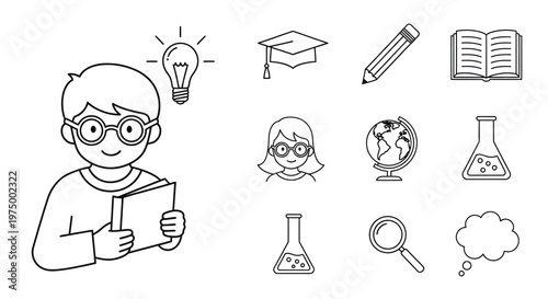 Line drawing depicting education concepts students books a lightbulb and science