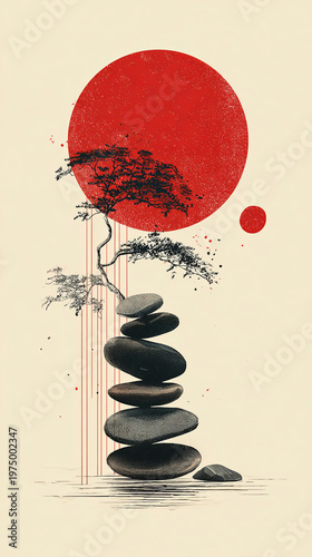 Abstract illustration of stacked black stones with a tree silhouette and a large red sun in the background, evoking a sense of tranquility and balance