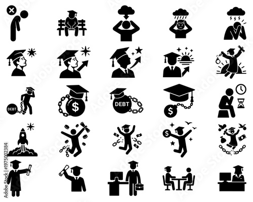 Student journey from struggle to success icon set with graduation debt relief career growth and financial freedom vector illustration