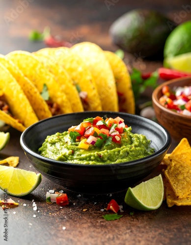 A vibrant close-up of guacamole in a bowl, alongside tacos, salsa, chips, and lime wedges, set on a textured surface