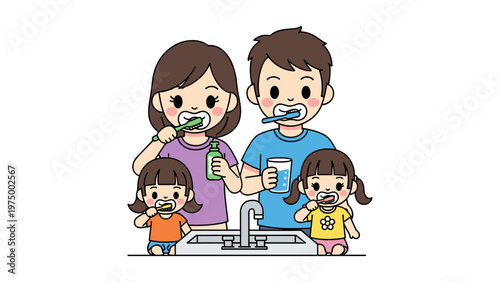 family brushing teeth together morning routine flat design vector illustration