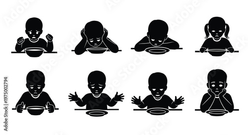 Silhouette illustration of children with empty bowls depicting hunger and sadness