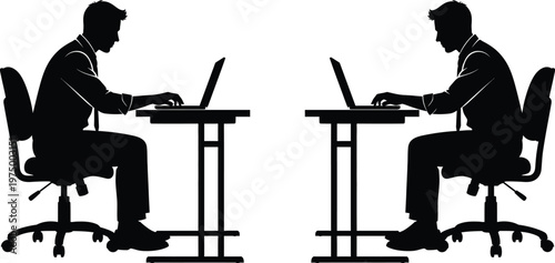 Title silhouetted figures at desks a study in modern work and digital connection description two individuals are depicted in silhouette seated at