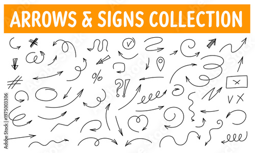 Sketchy doodle pointers kit. Hand drawn arrows and graphic symbols for business design.