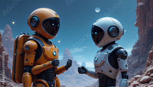 Two futuristic robots in orange and white space suits stand on a rocky alien landscape, with distant planets and stars visible in the night sky