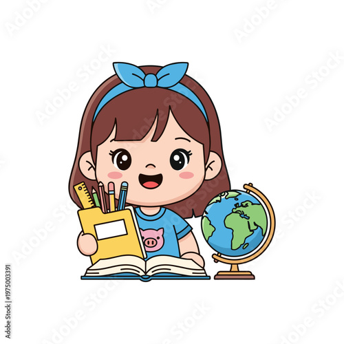 cheerful schoolgirl reading book with globe vector illustration flat design