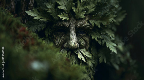 Green man sculpture with intricate leaf details partially hidden among forest foliage, showcasing a blend of nature and artistry in a serene woodland setting