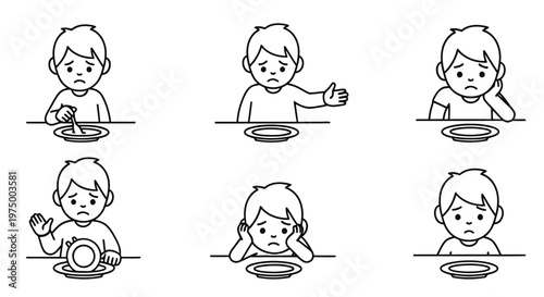 Line art depictions of children expressing various emotions during mealtimes