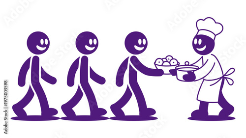 A happy purple stick figure chef serves multiple small bowls of food to a queue of recipients.