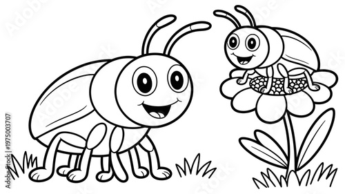 A cheerful cartoon beetle smiles while another bug sits happily on a blooming flower.