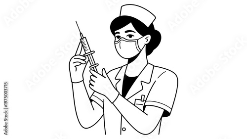 A masked nurse wearing gloves carefully prepares a syringe for an important medical injection.