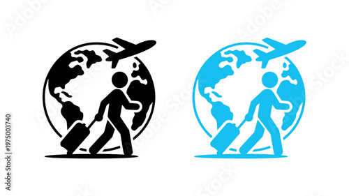 Two distinct travel icons depict a person with luggage, an airplane, and a globe.