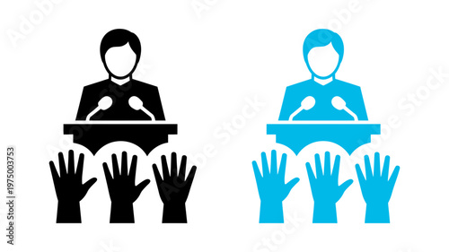 Two speaker icons show a person at a podium with raised hands representing voting or participation.