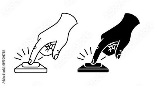 Two contrasting icons depict a hand pressing a prominent button with radiating lines.