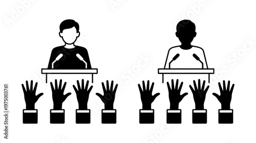 Two speaker icons represent diverse individuals at podiums, with multiple raised hands for participation.