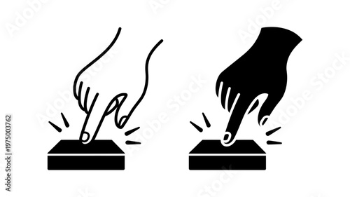 A human finger pressing down on a square button presented in outline and solid styles.