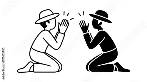 Two kneeling men with hats and clasped hands, radiating a spiritual glow, symbolizing deep prayer.