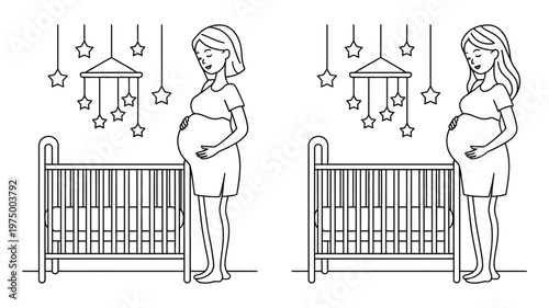 Two pregnant women with shorter hair standing next to baby cribs with star mobiles.