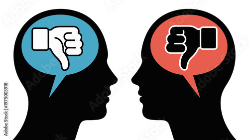 Two human head silhouettes facing each other with "thumbs down" symbols inside speech bubbles.