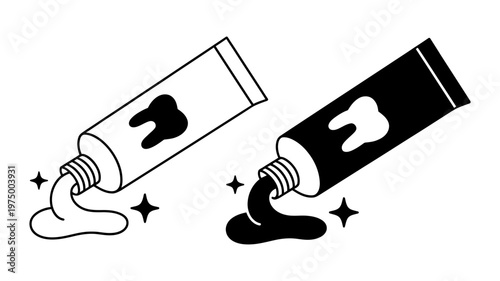 Simple black and white toothpaste tube icons showing extruded paste and sparkling cleanliness.
