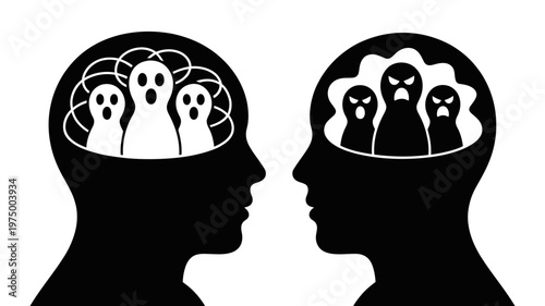 Two head silhouettes facing each other, minds filled with contrasting internal emotional figures.