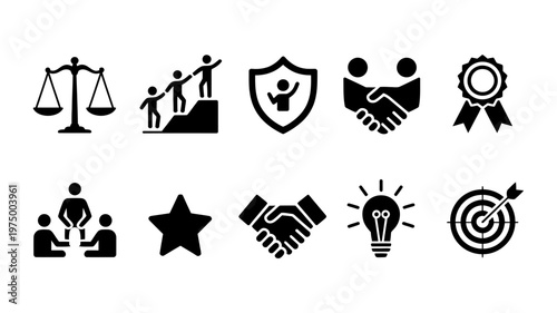Core business values and ethical principles vector illustration set depicting justice teamwork partnership and innovation