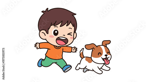 crying child running away from playful dog vector illustration