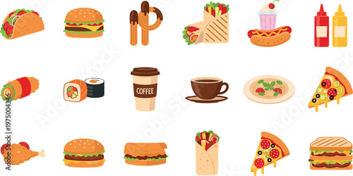 Fast Food Collection with Burgers, Pizza, Tacos, Sandwiches, Coffee, Sushi, and Street Food Illustration Set for Restaurant Menu Design