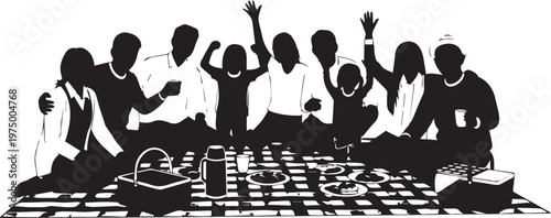 Family and friends picnic vector silhouette illustration. happy group eating outdoor line art