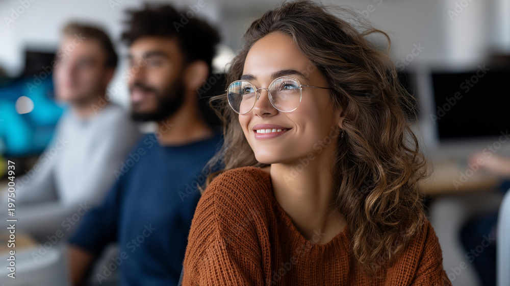 Obraz premium Young multiethnic startup team working together in a modern office, entrepreneurial collaboration and diversity concept, defocused background, with copy space