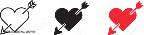 Pierced heart with arrow icon, outline solid red styles, romantic vector symbol for Valentine’s Day love dating wedding relationship design