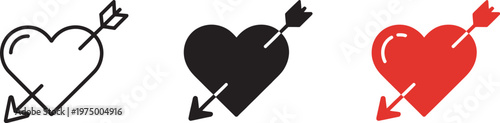 Pierced heart with arrow icon, outline solid red styles, romantic vector symbol for Valentine’s Day love dating wedding relationship design